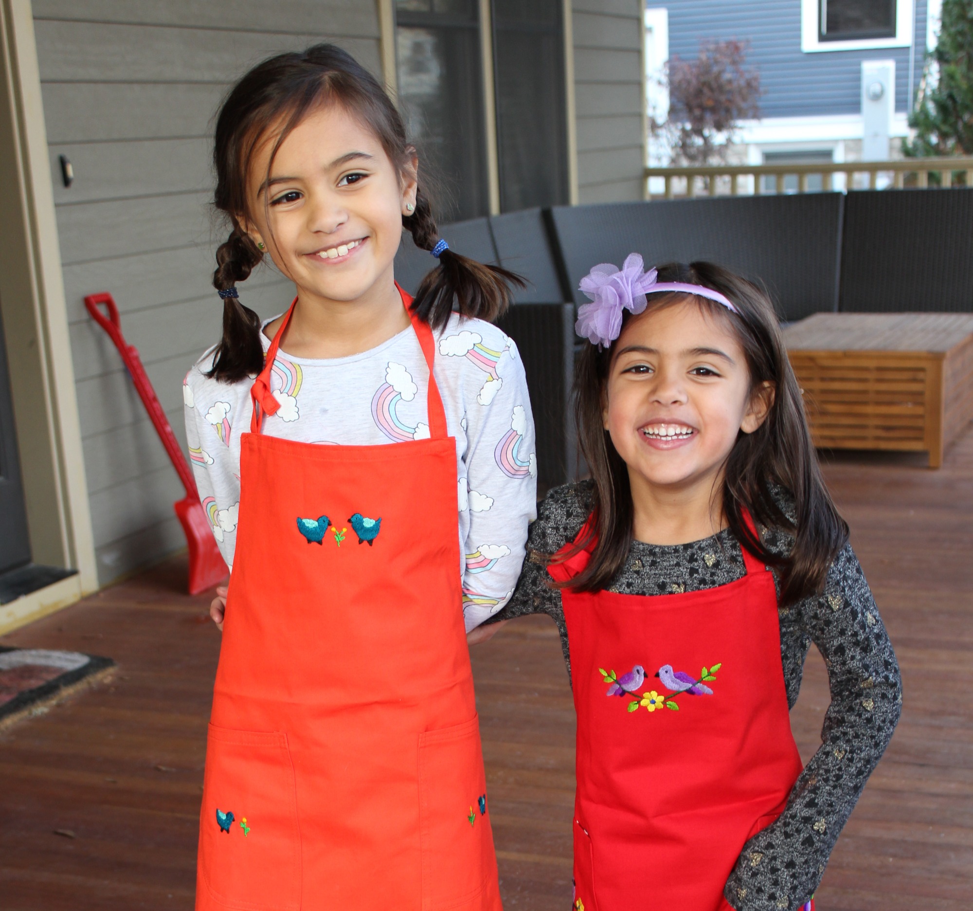 Girls wearing embroidered aprons